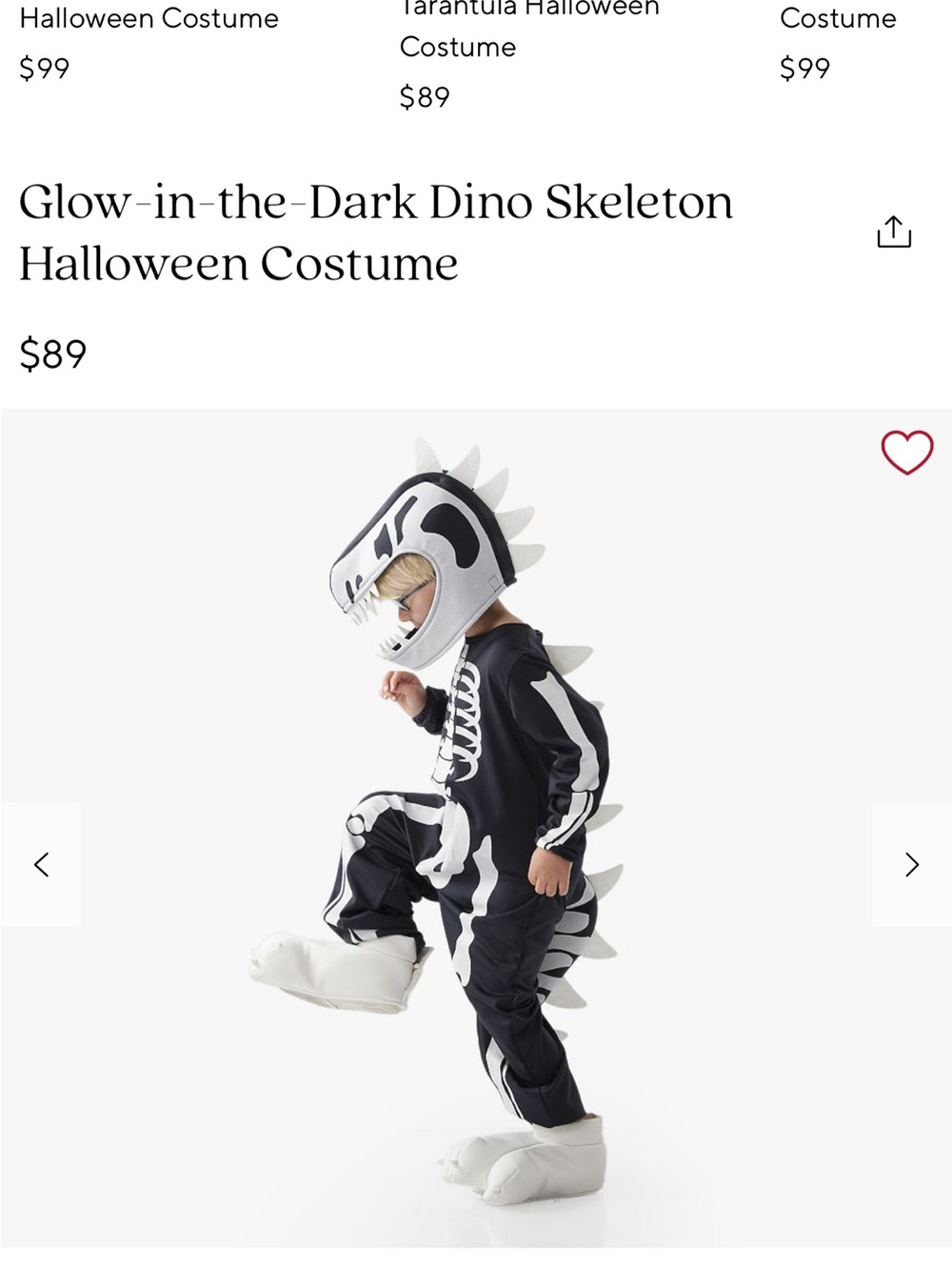 Glow-in-the-Dark pottery barn kids Dino Skeleton Kids Costume — Black & White